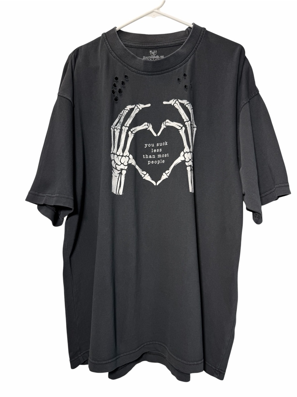 Southern Bliss Oversized Black Graphic Tee with Skeleton Hands Heart Goth Grunge